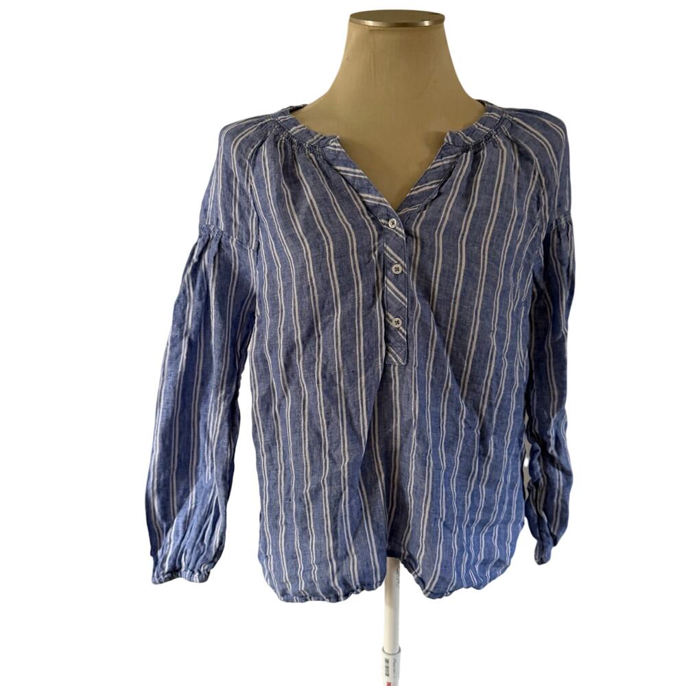 Talbots Blue Stripe 100% Linen Blouse M Coastal Preppy Lightweight Loose